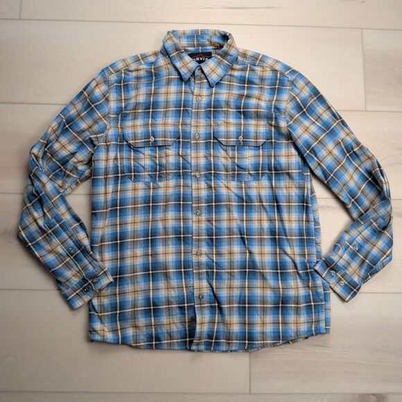 Orvis Trout Bum Shirt Mens L Blue Flannel Plaid Long Sleeve Cotton Nylon Cordura - Picture 1 of 12